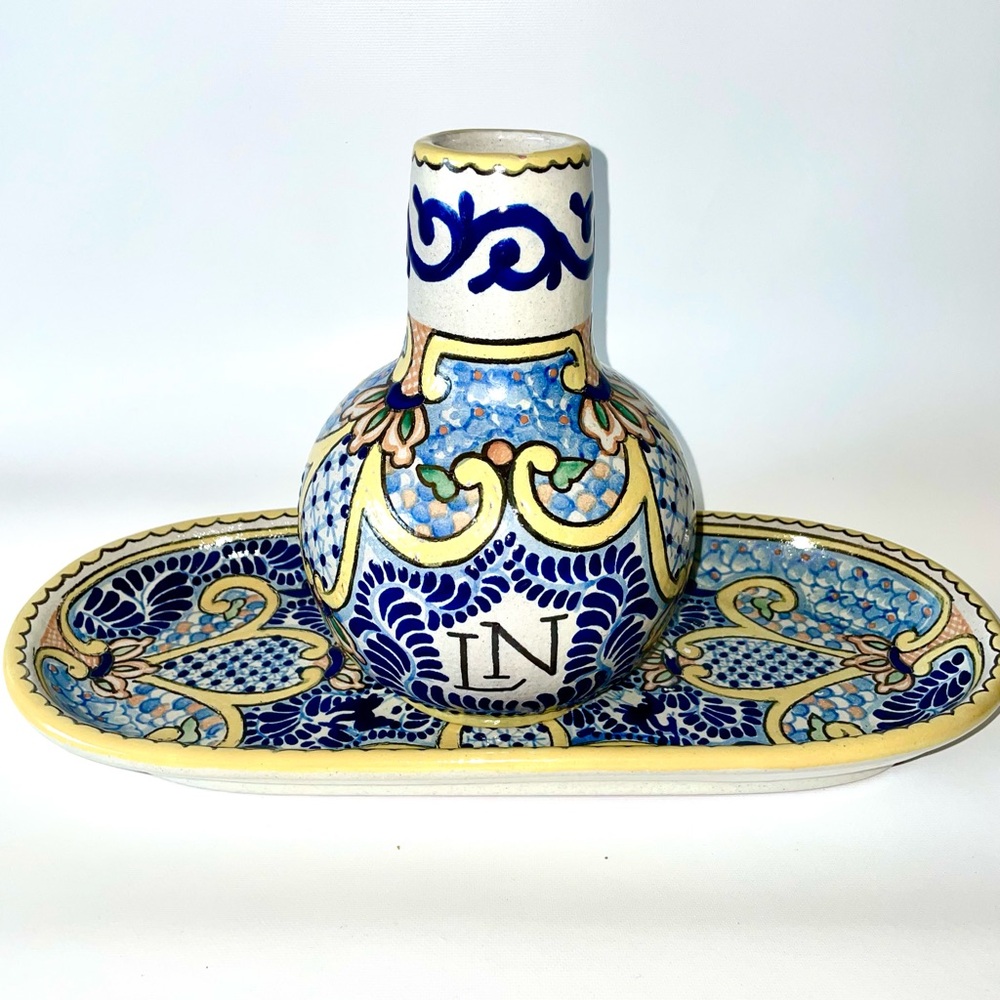 Uriarte Talavera Rare Set Vase & Serving Dish Pottery Colorful Folk Art Signed